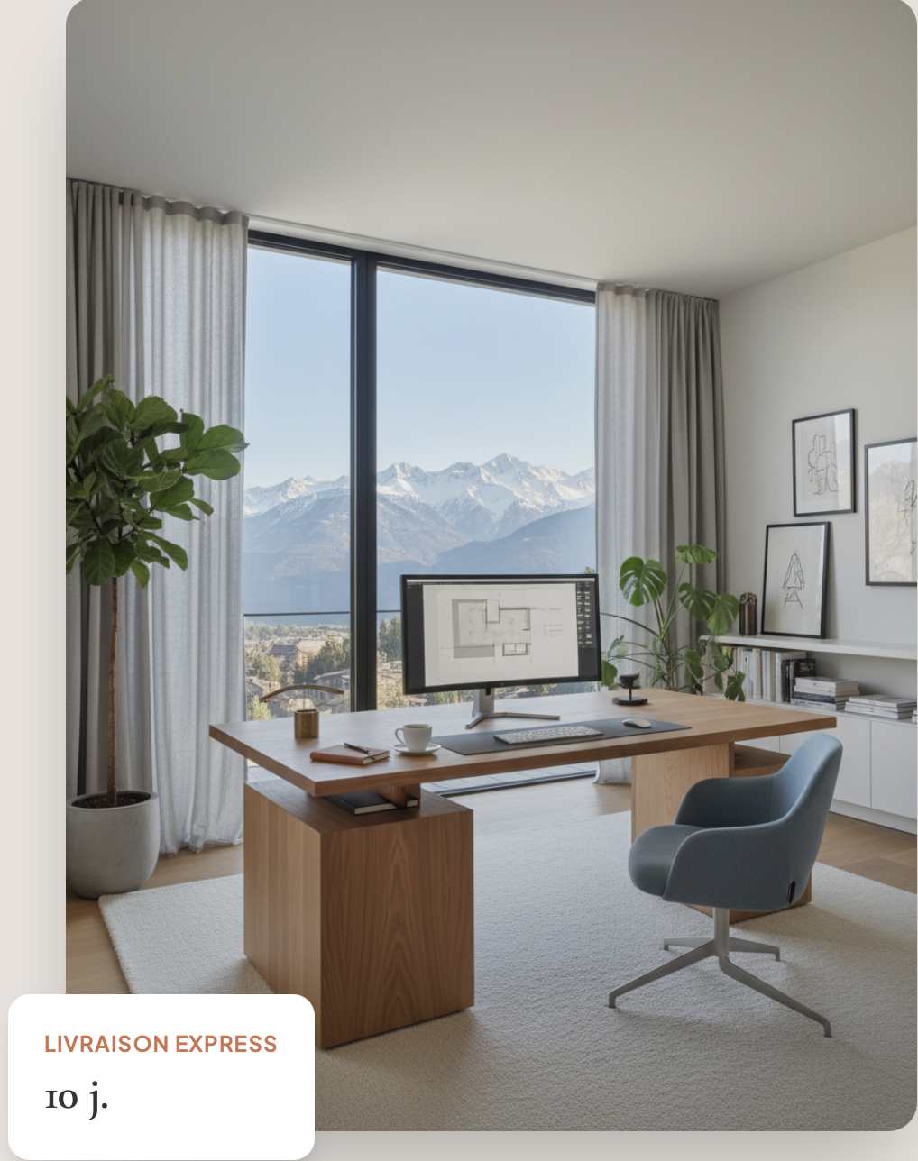 Bureau moderne avec vue sur les sommets enneigés — l'environnement de travail MR Digital