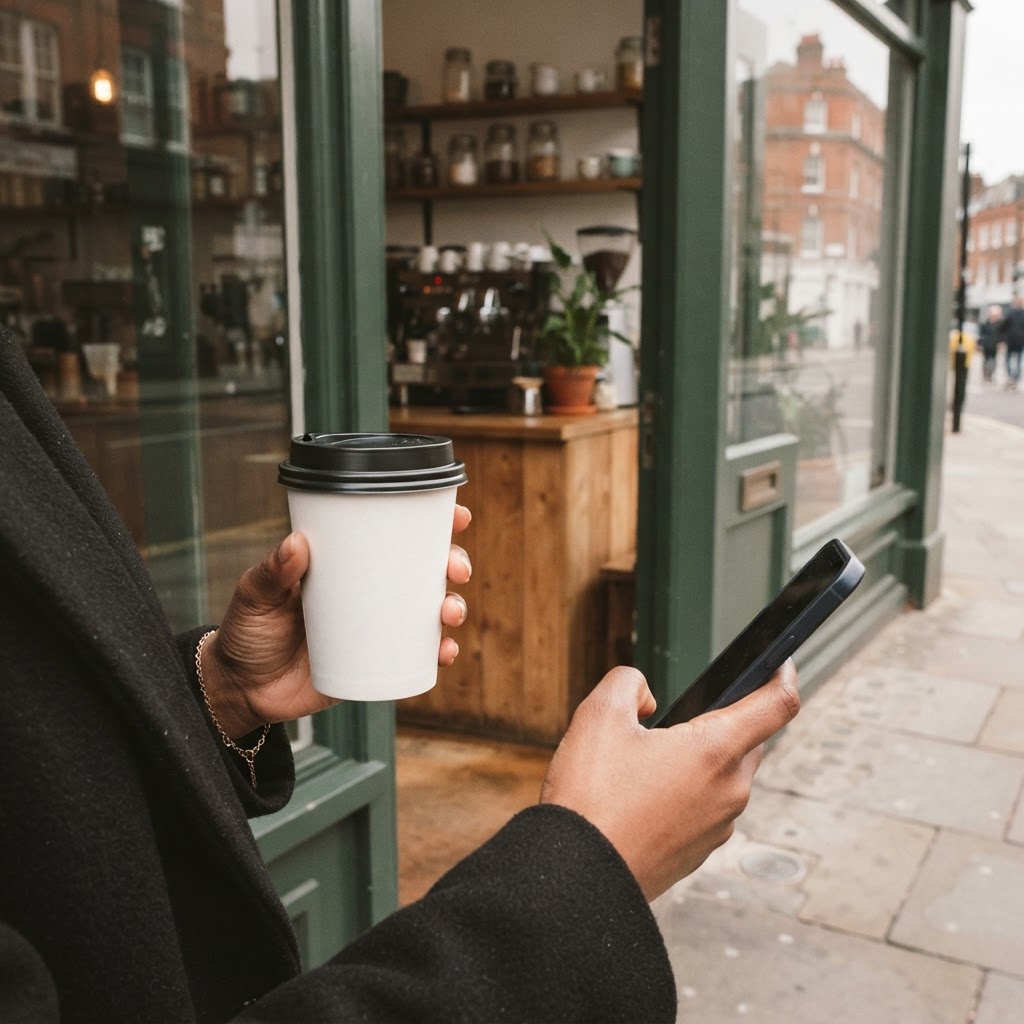 A hand holding a takeaway coffee cup and a phone, leaving a local coffee shop