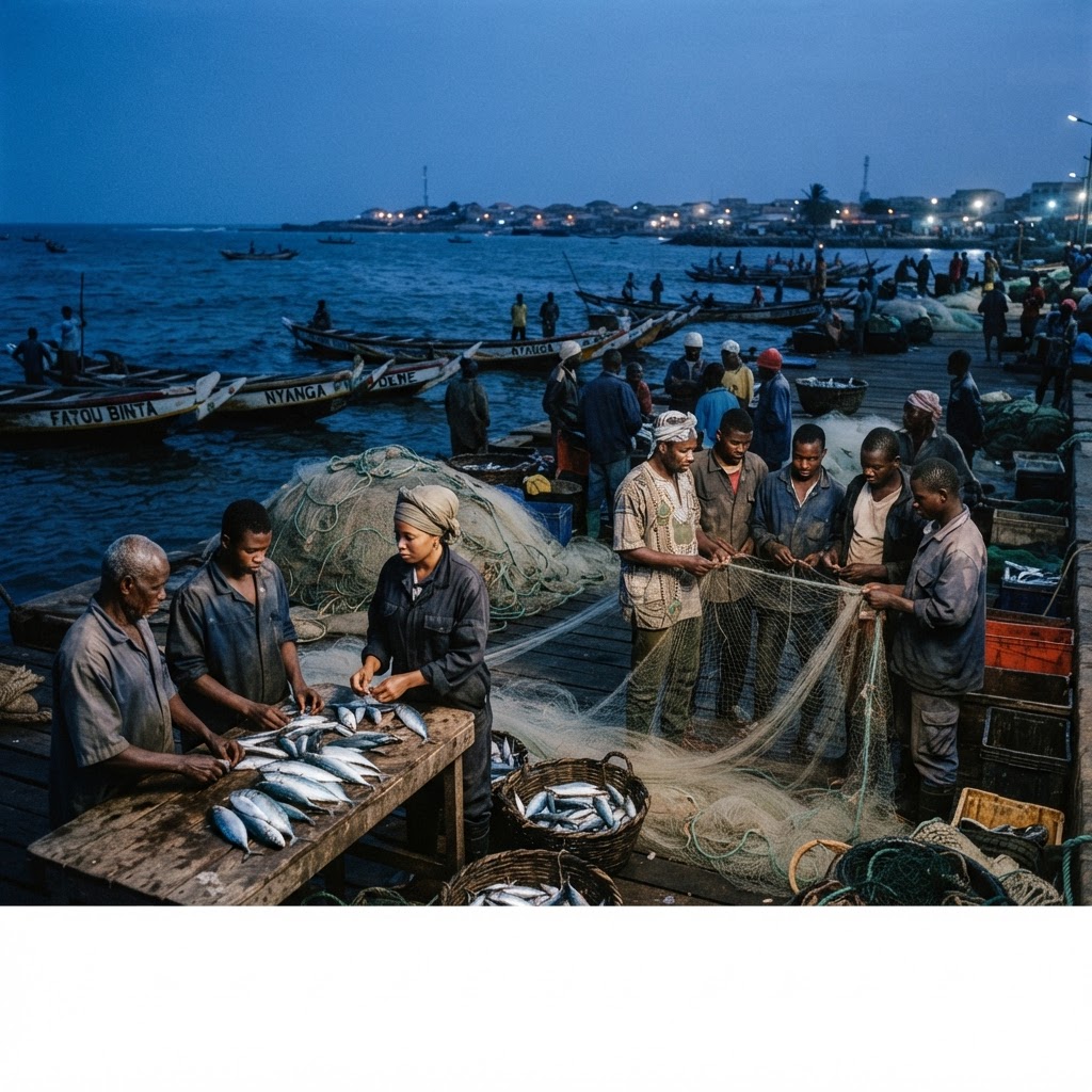 Fisheries training workshop with African fishermen at a coastal dock