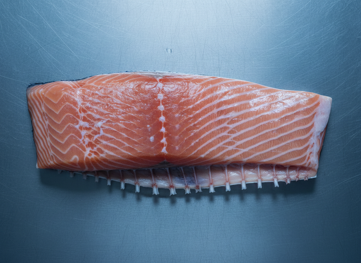 Trim A — Untrimmed Fillet: salmon fillet on stainless steel