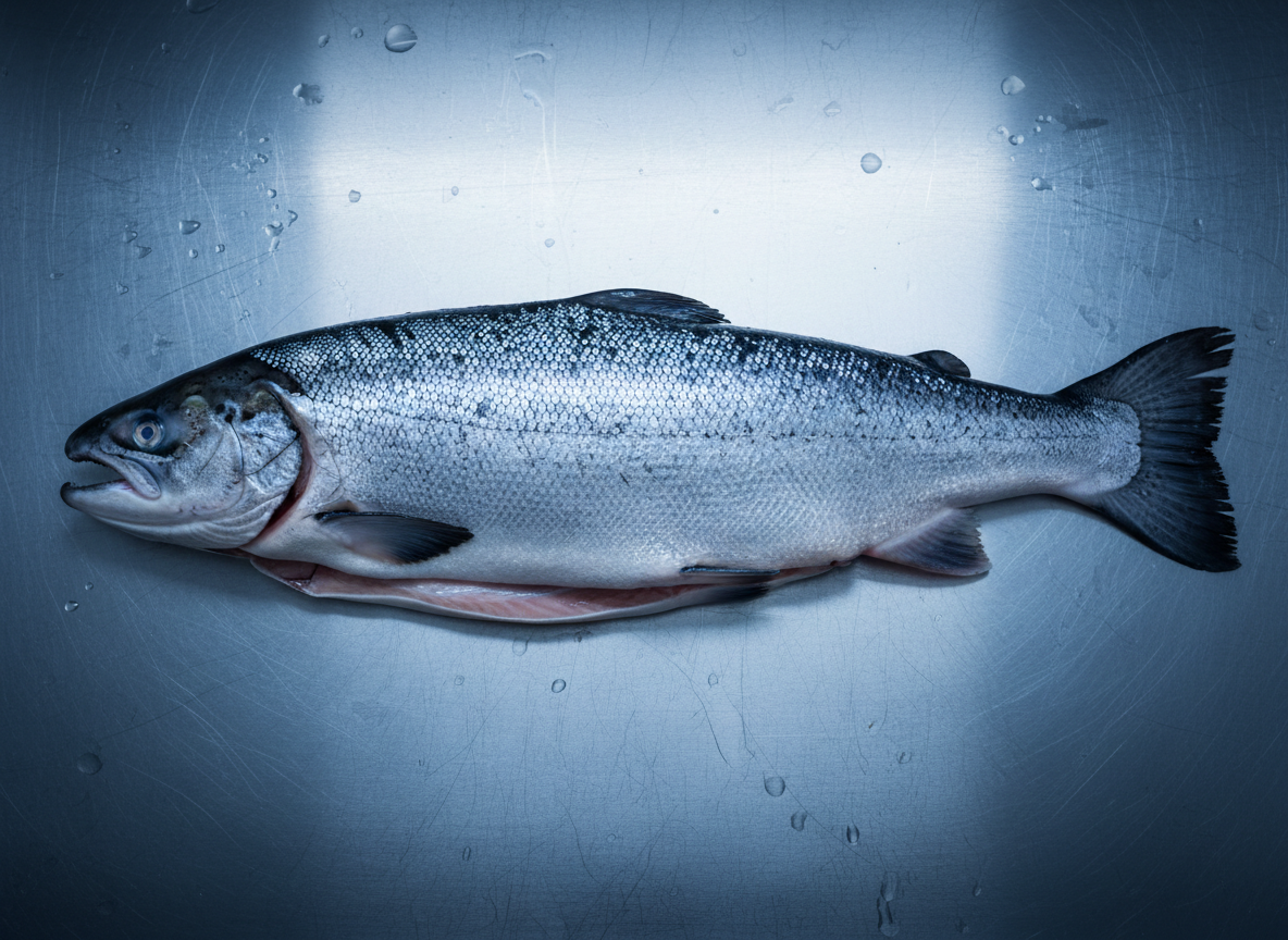 Head-On Gutted whole salmon on stainless steel surface