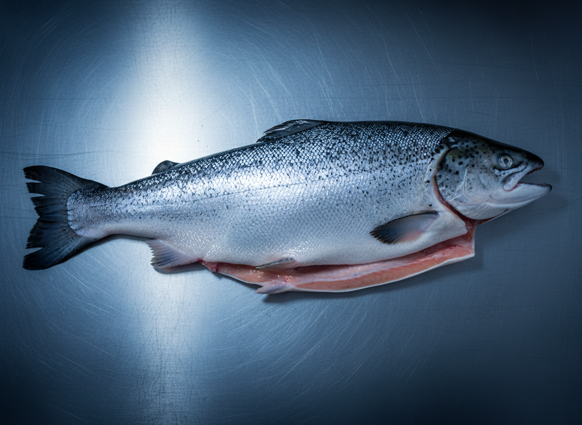 Headed and Gutted whole salmon on stainless steel surface