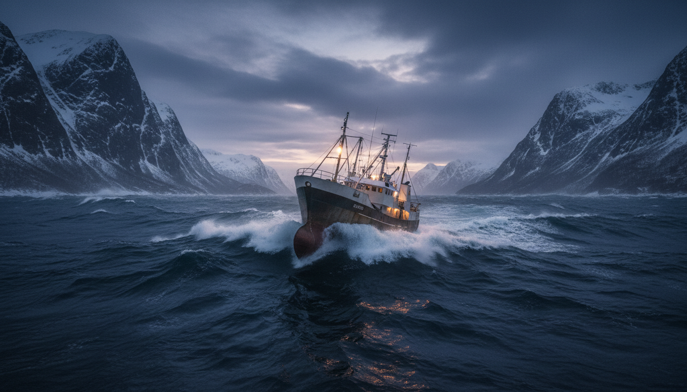 Norwegian fishing vessel navigating through rough Arctic seas
