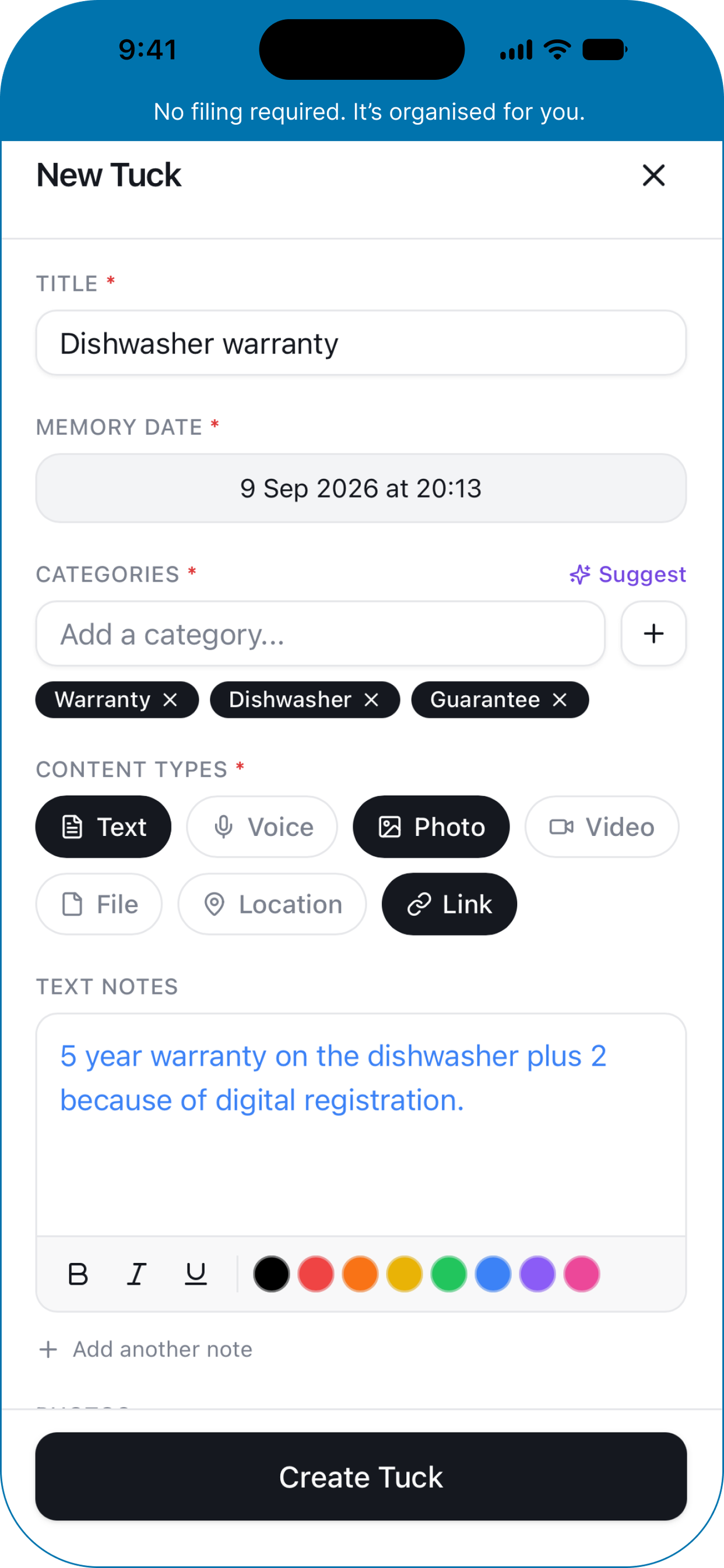 Creating a new tuck with categories and content types