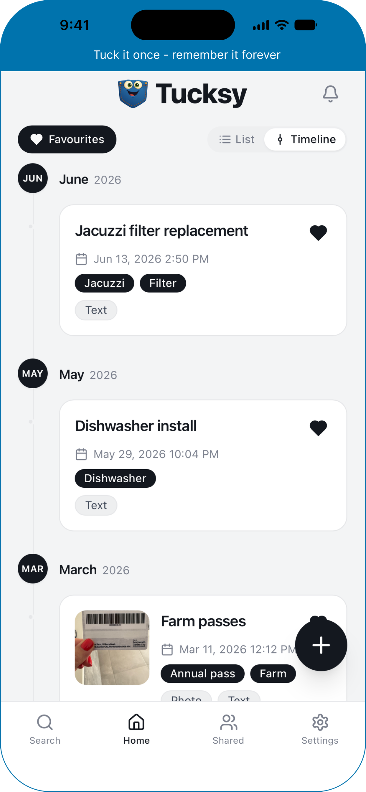Tucksy home screen showing a timeline of saved tucks
