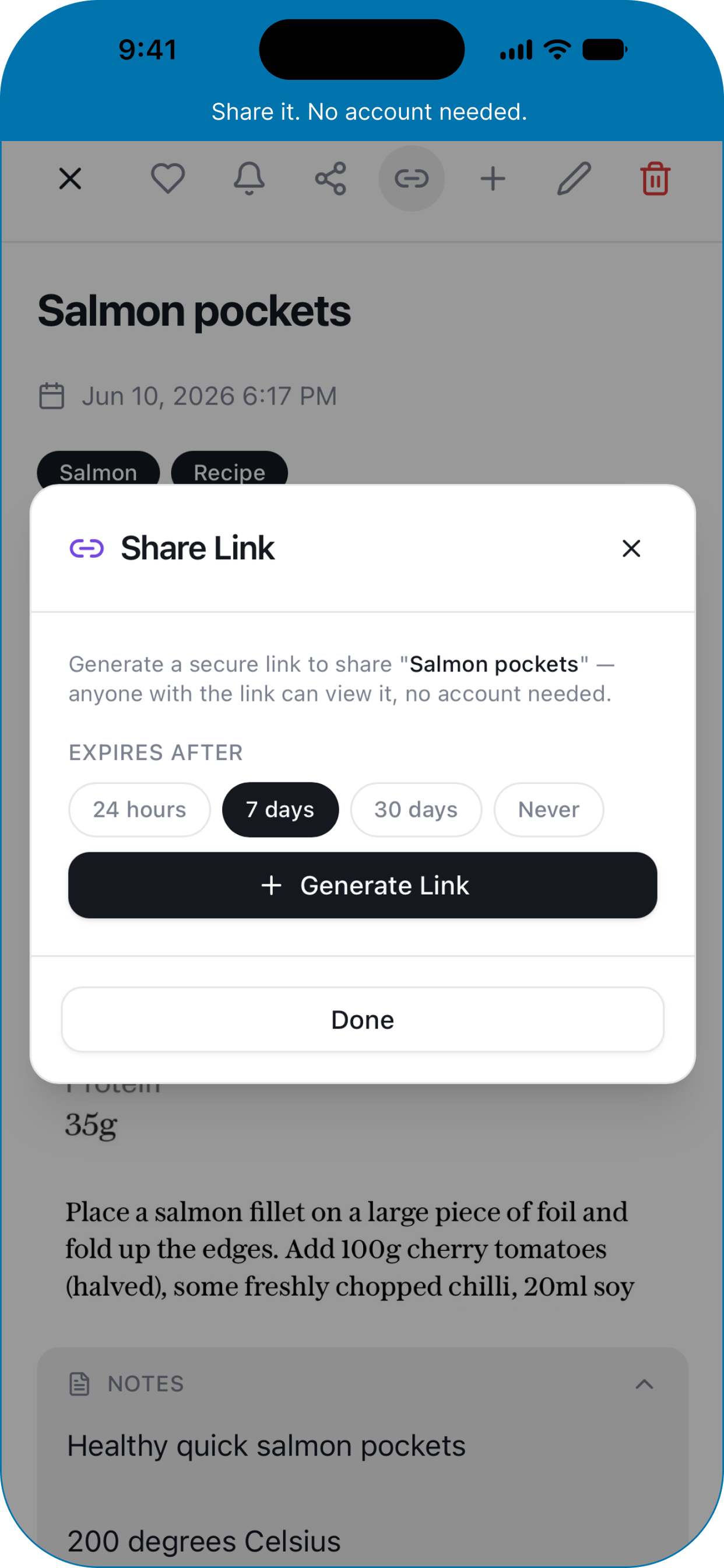 Generating a shareable link for a tuck