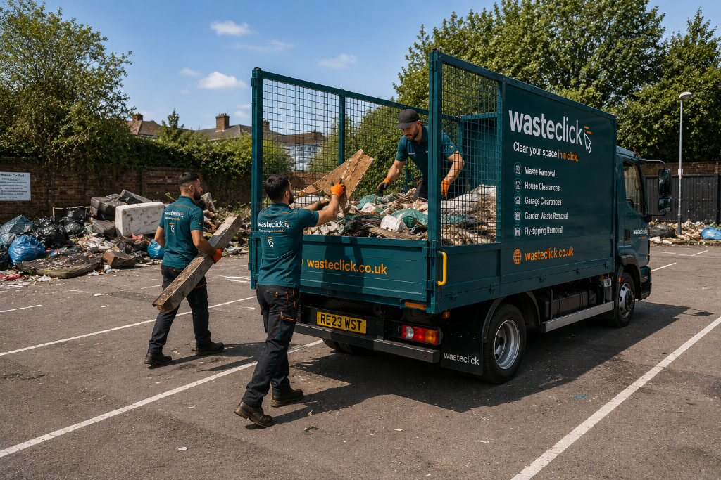 Fly-tipping clearance in London - crew loading dumped waste into a removal truck in a Greater London car park