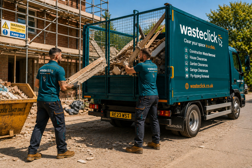 Builders and construction waste removal in London - team loading timber and construction debris for site clearance