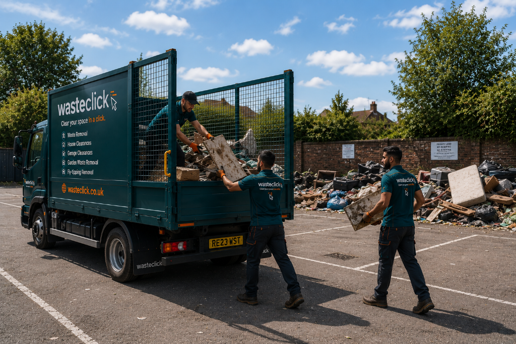 Wandsworth Waste team carrying out a large-scale waste clearance project in London with multiple crew members