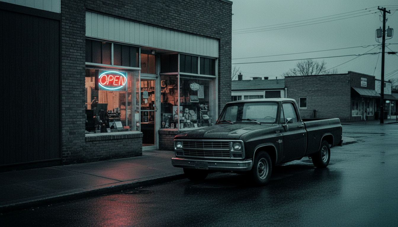 Local business storefront at dusk