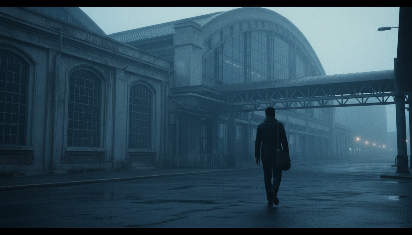 Person walking toward office building in morning fog