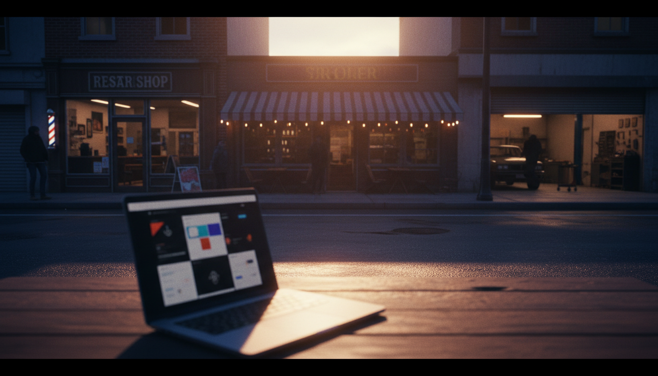 Local business streets with laptop showing website mockups