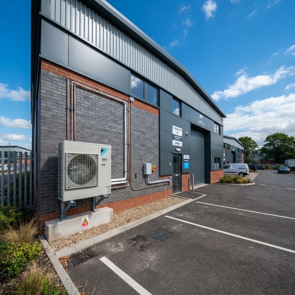 Air source heat pump installed outside a commercial building