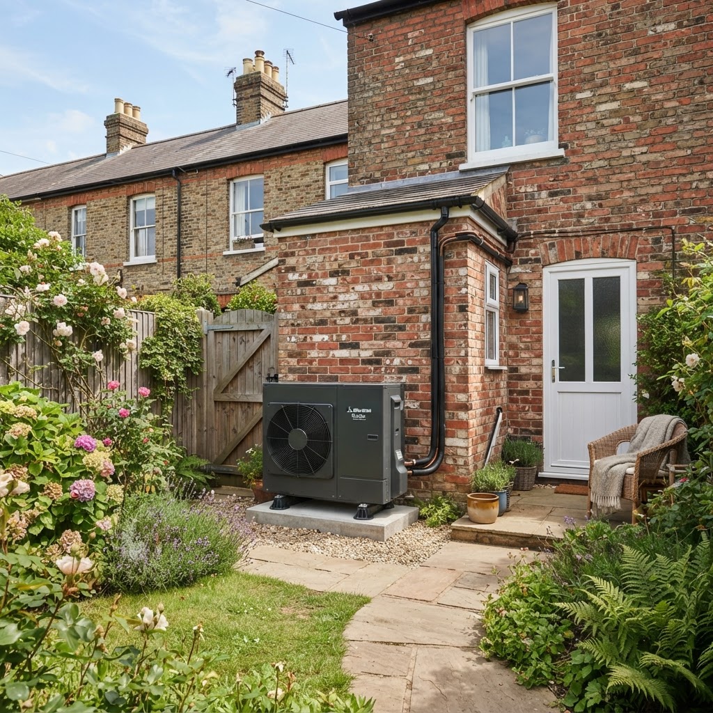 Air source heat pump installed outside a British home