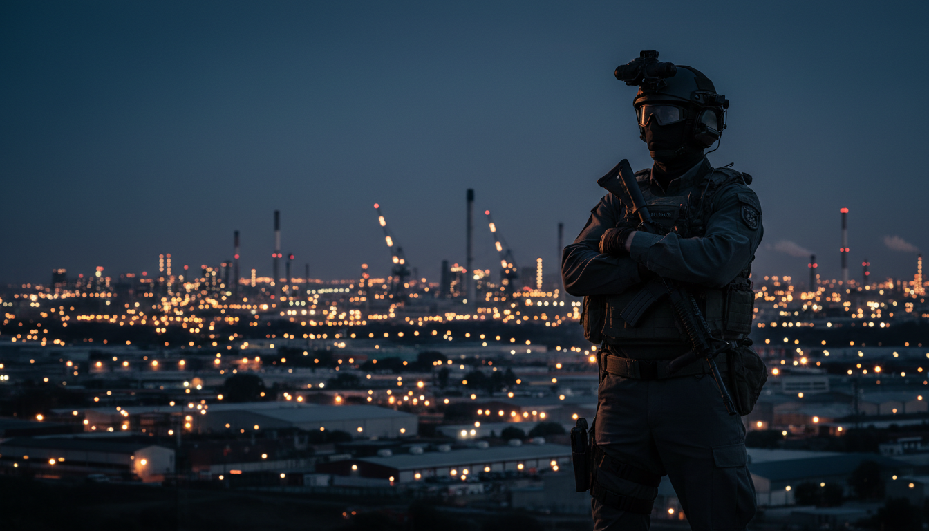 Professional security operative overlooking industrial skyline at dusk