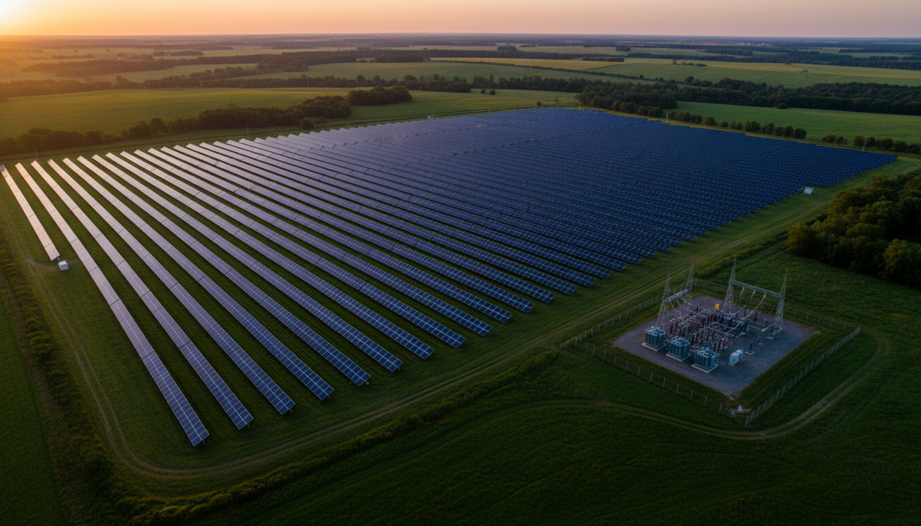 Utility-scale solar farm at golden hour