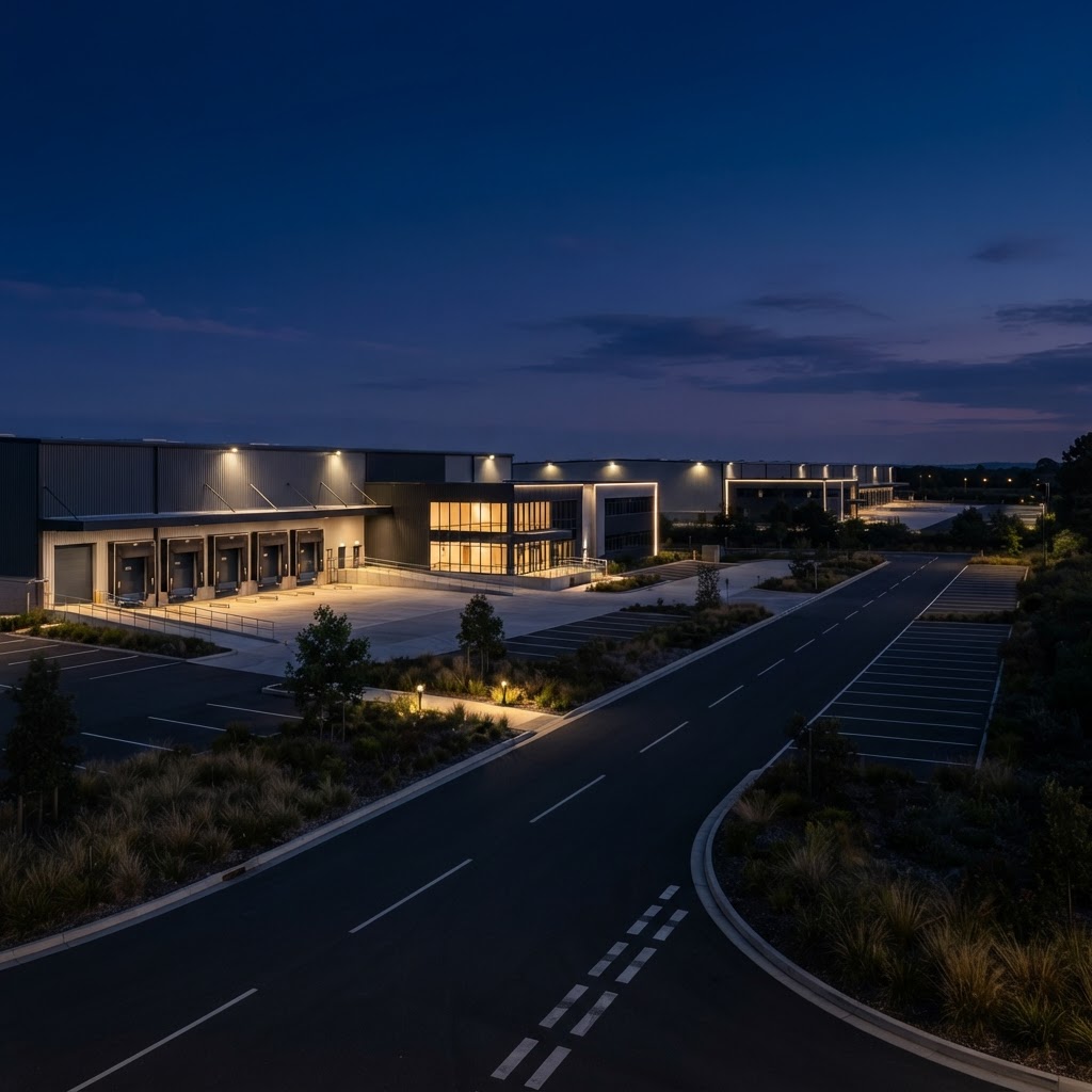 Modern industrial and logistics park at dusk