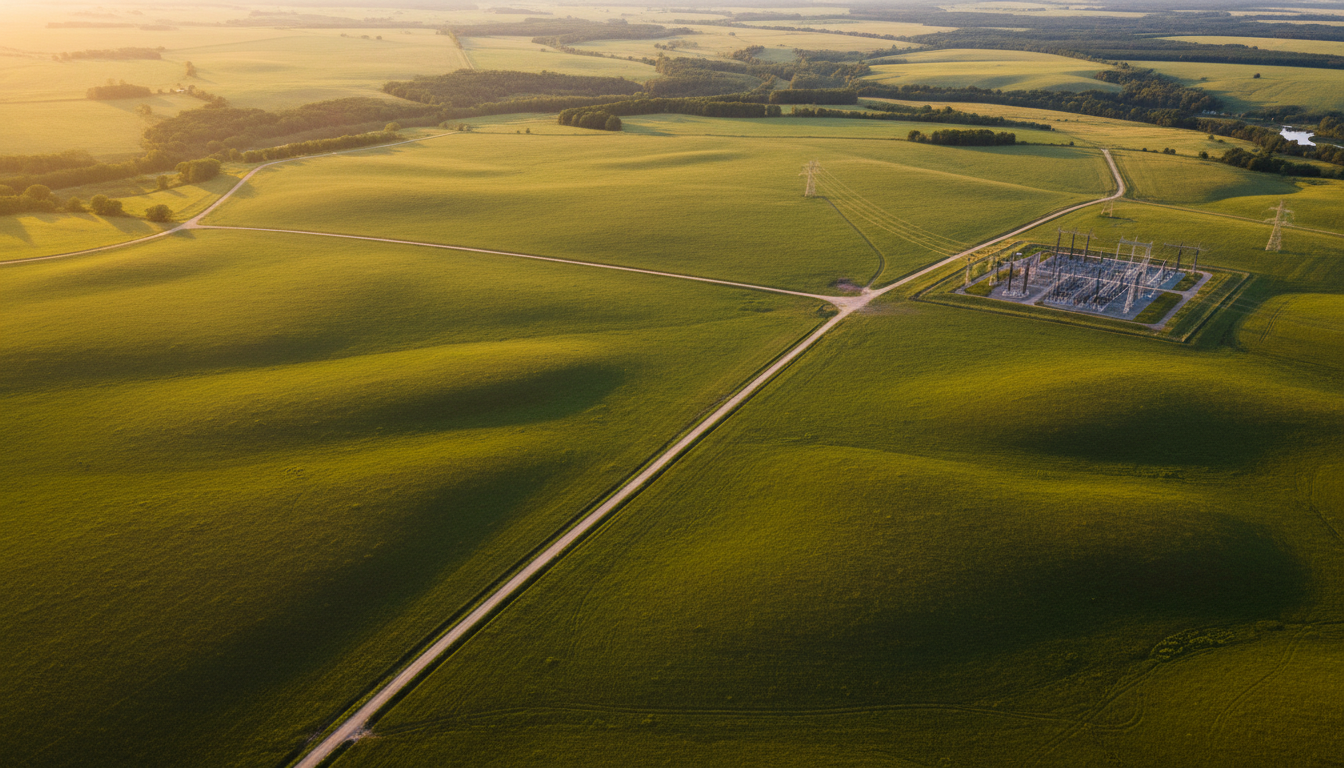 Aerial view of countryside land parcels at golden hour