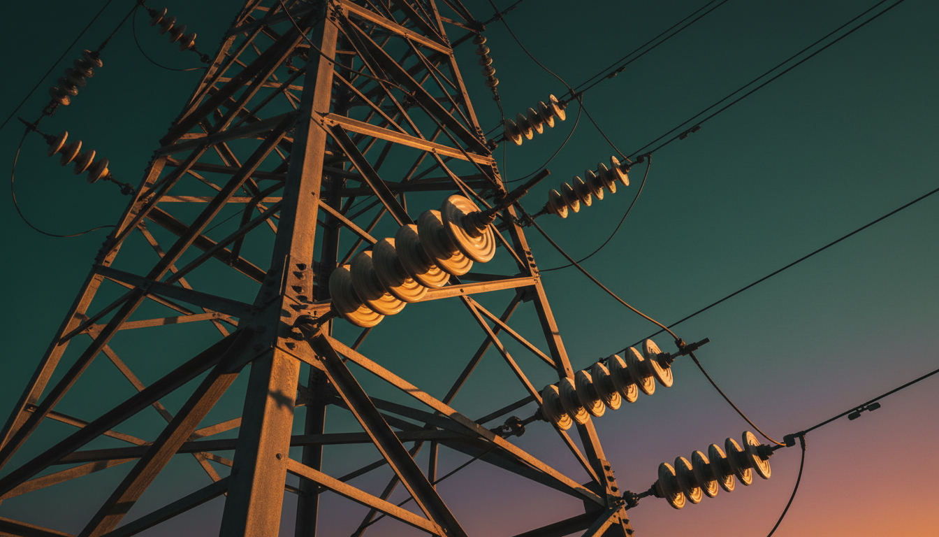 High-voltage transmission towers at dusk