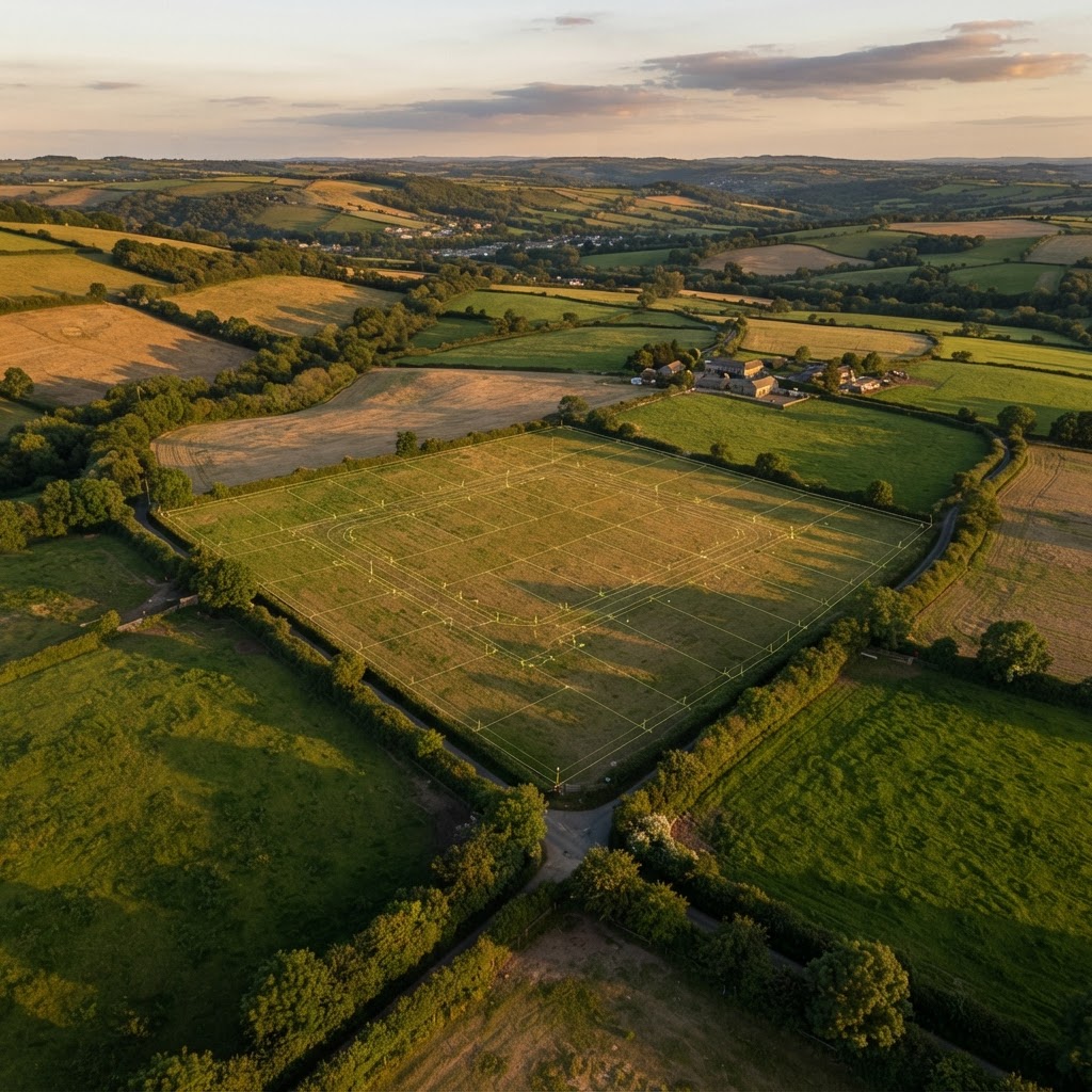 Aerial view of countryside land parcels at golden hour