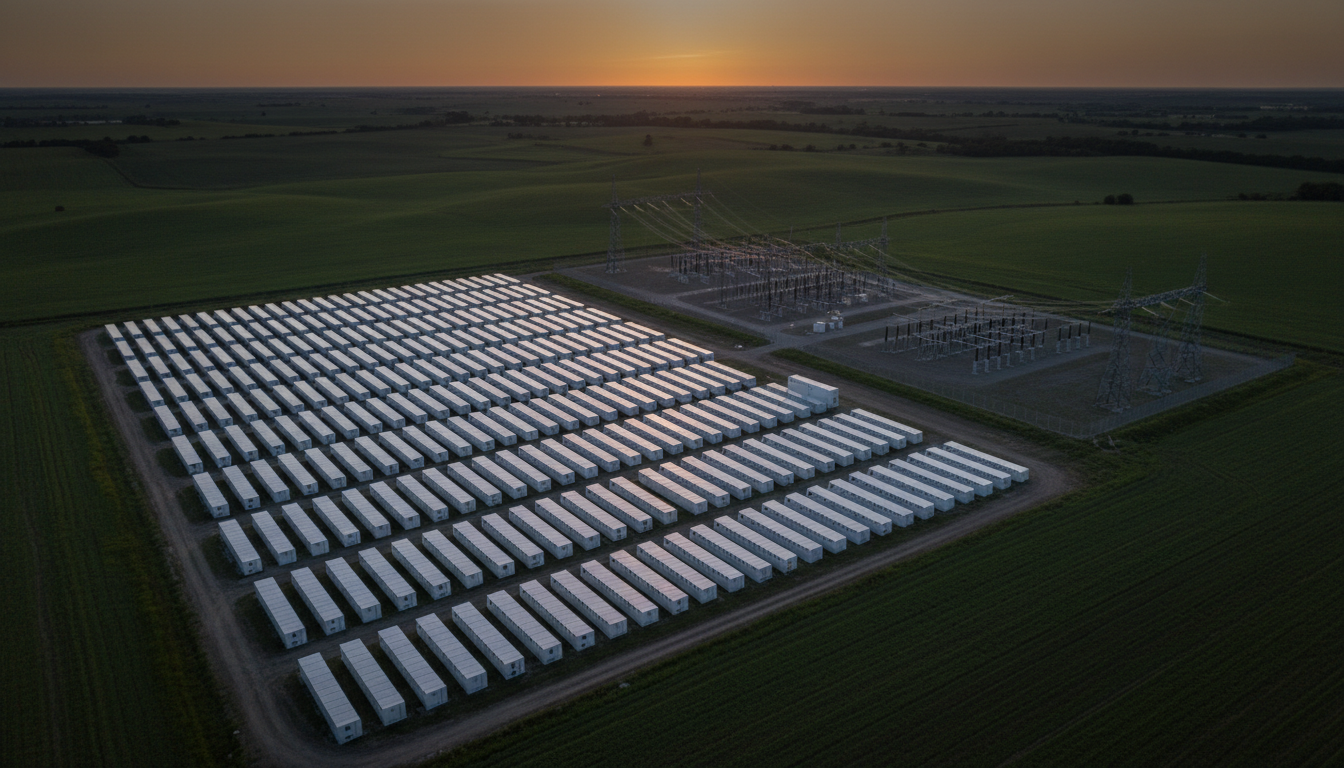 Grid-scale battery energy storage containers at dusk