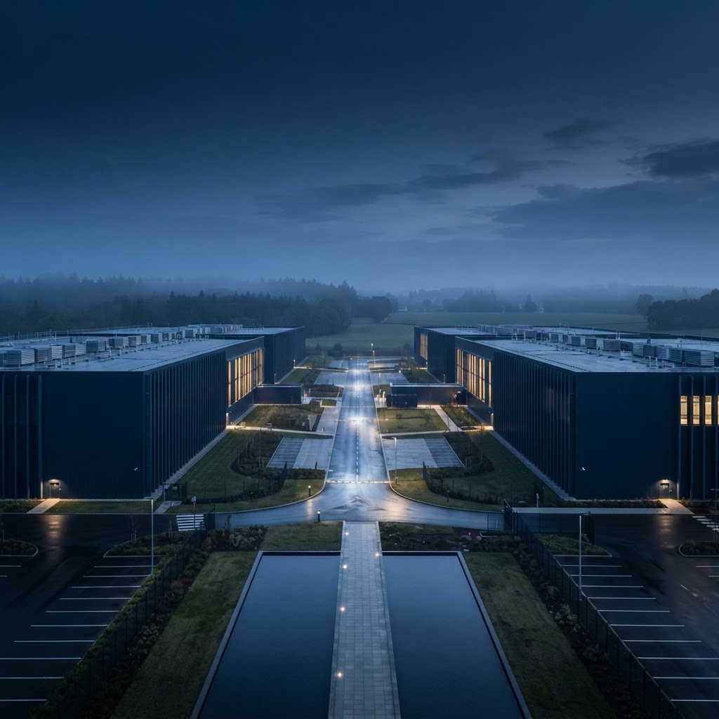 Hyperscale data centre campus at dusk with warm interior lighting
