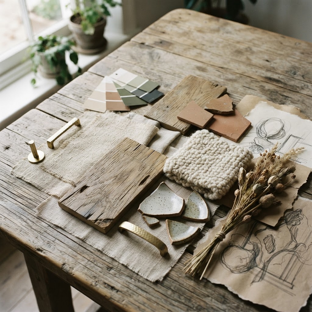 Rustic interior design moodboard with natural material swatches | Kayora Collective