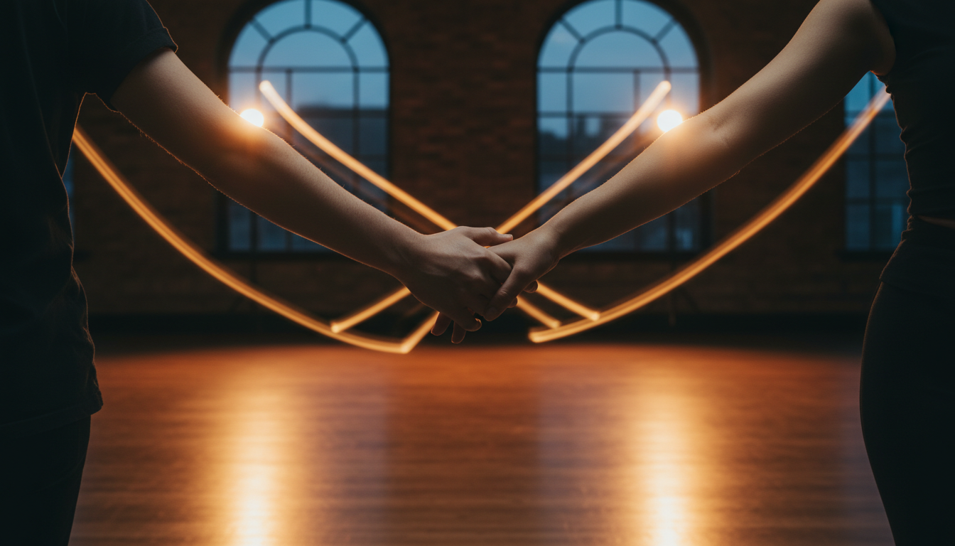 Dramatic dance connection with warm amber lighting