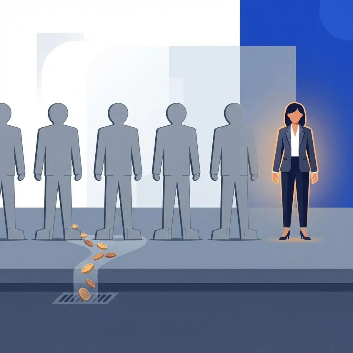 Editorial illustration: a row of identical grey cardboard cutout figures representing generic one-size-fits-all marketing, with one figure replaced by a sharply tailored specialist that fits perfectly, while coins drain away from the generic cutouts to symbolize wasted marketing budget.