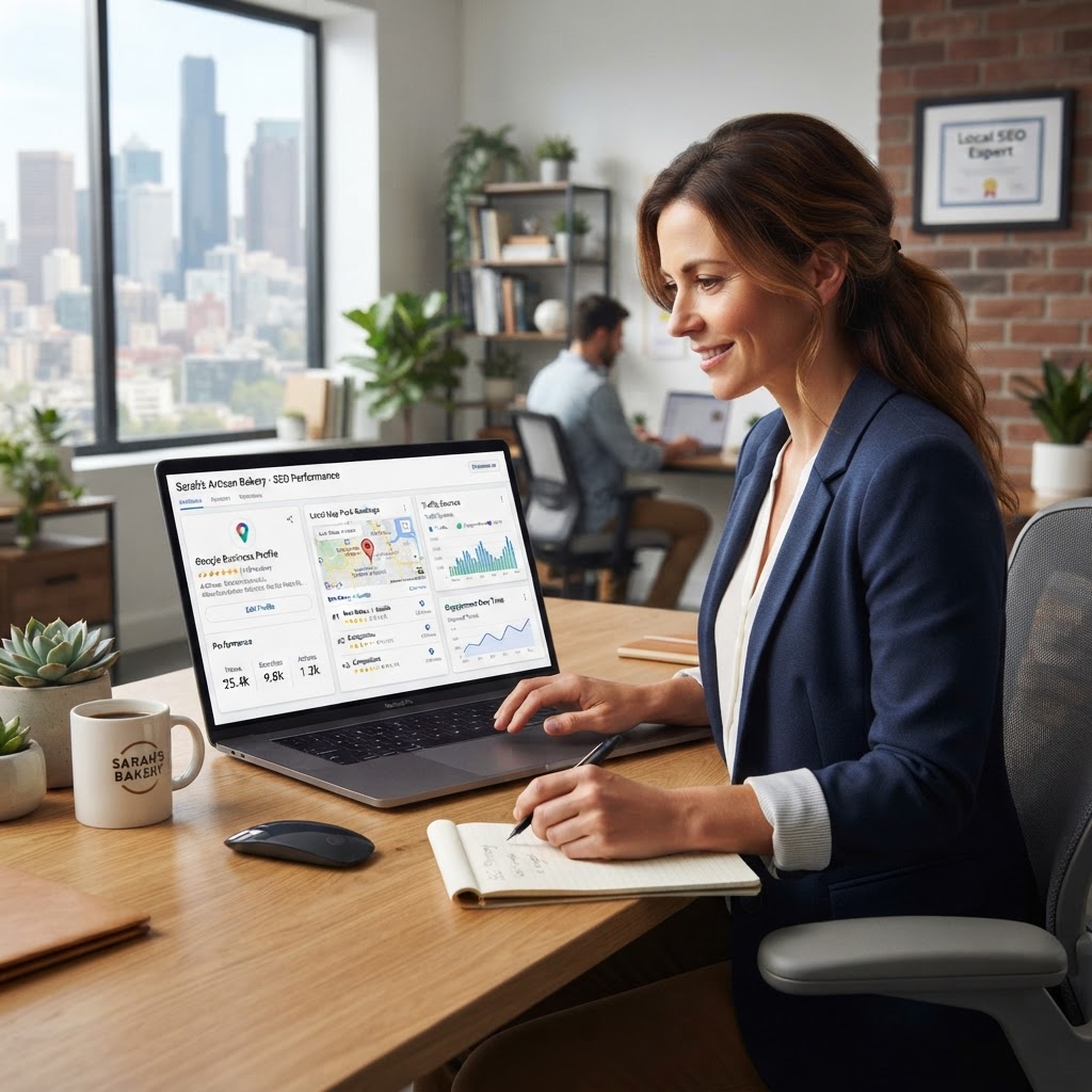 Business owner reviewing local SEO rankings on a laptop