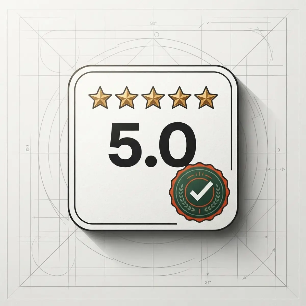Editorial illustration: a verified review badge with five gold stars, a green Verified Review seal, and a 5.0 rating on a clean white card over a subtle blueprint grid.