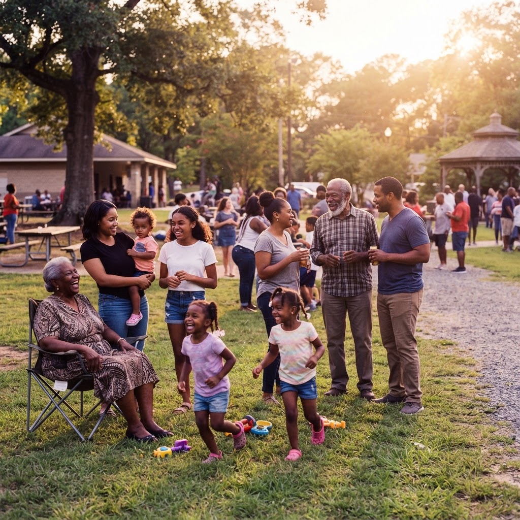 Project Momentum community members gathered together in a park at golden hour