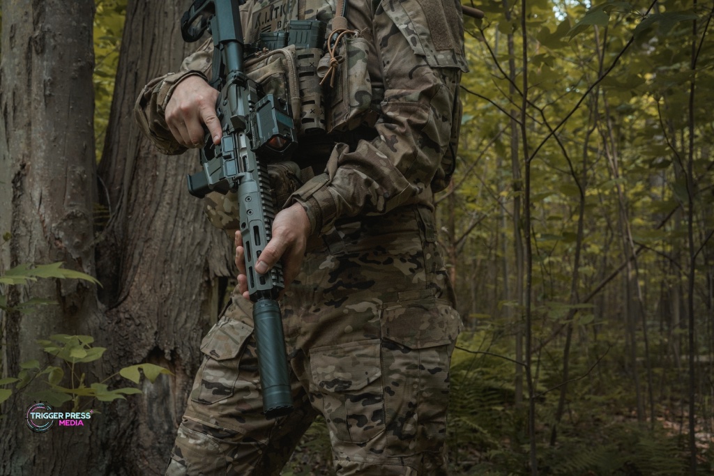 Tactical gear product photography in forest setting