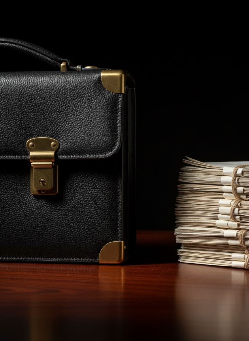 Professional leather briefcase and legal documents