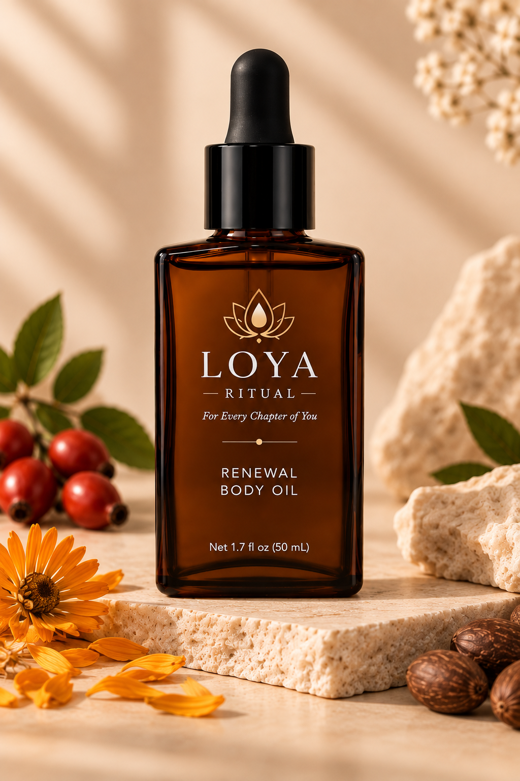 LOYA RITUAL Renewal Body Oil in its amber dropper bottle