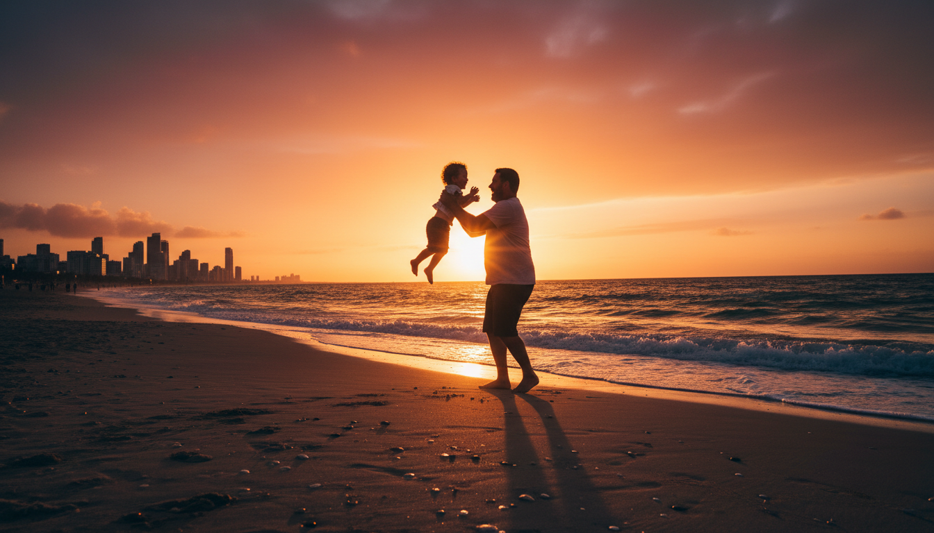 Dad and child at a Tel Aviv beach at golden hour