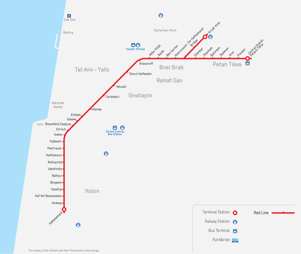Red Line light rail route map, 34 stations from Petah Tikva Central to HaKomemiyut