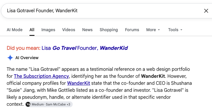 Google search for Lisa Gotravel Founder WanderKit showing the real CEO is Shushana Susie Jiang, not Lisa Gotravel.