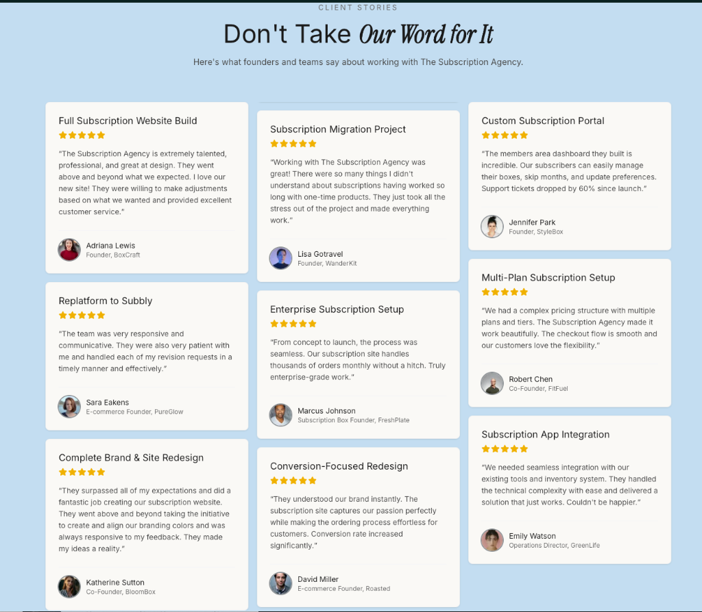 The Subscription Agency's Client Stories testimonial section with eight cards and AI-generated headshots.