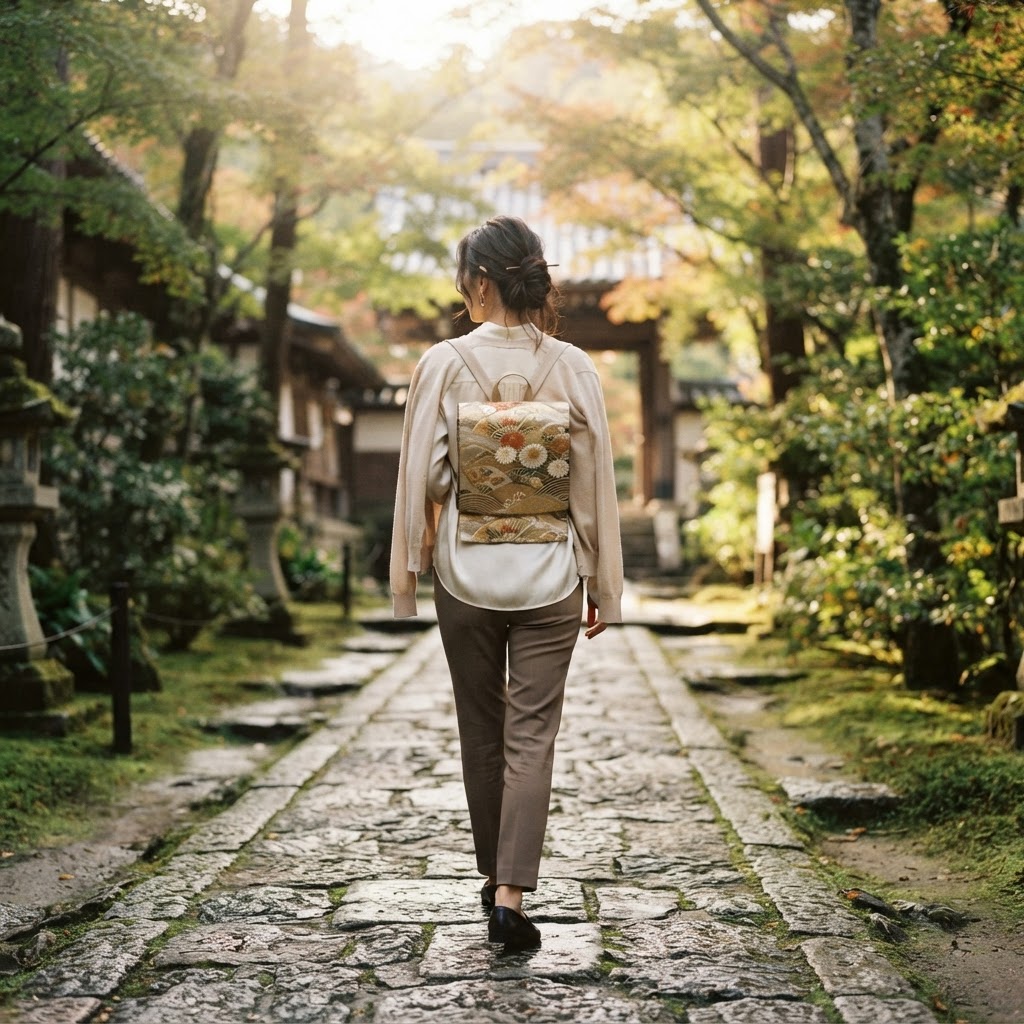 Woman seen from behind carrying the YAMAGISHI obi backpack, walking along a Kyoto temple path in early September, wearing a lightweight ivory silk blouse with a beige cardigan