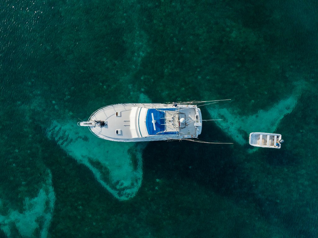 Aerial bow view over crystal water