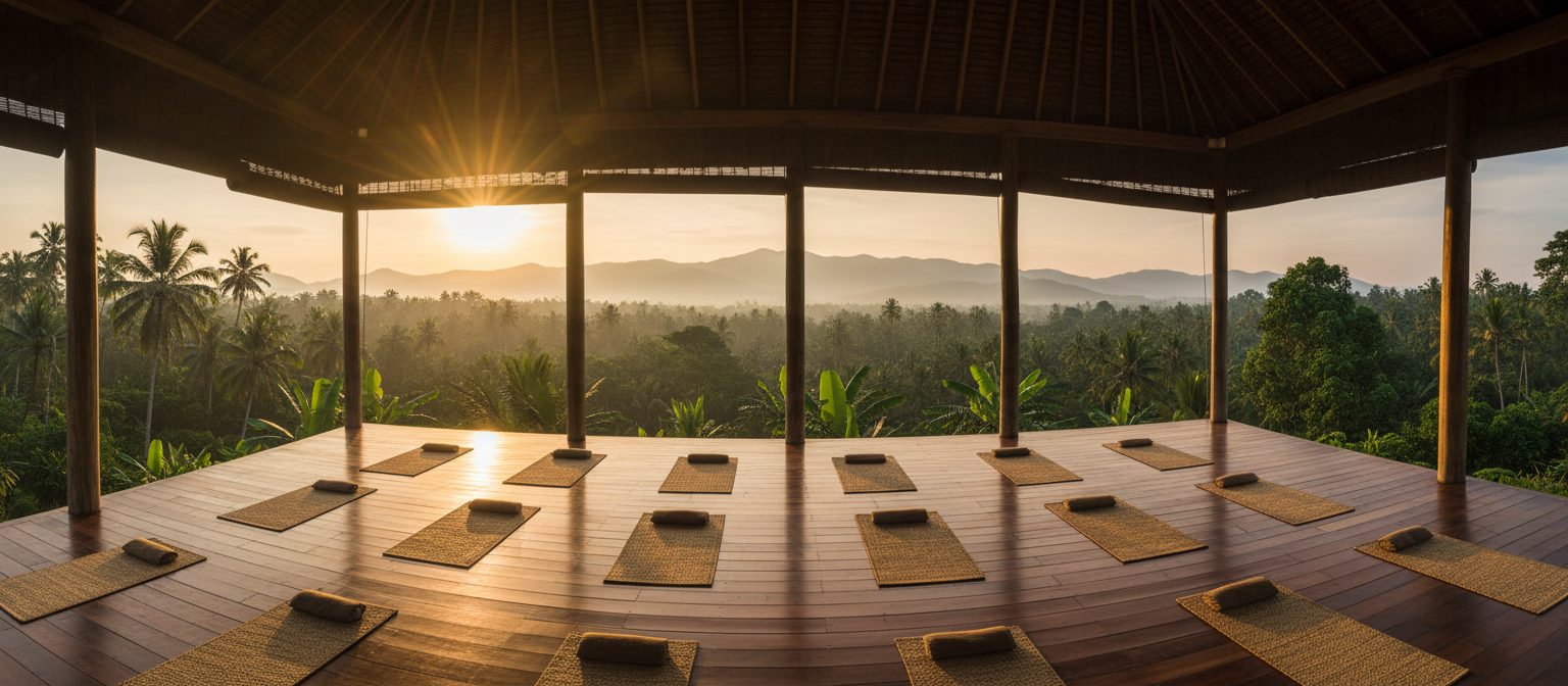Serene yoga shala overlooking Sri Lankan jungle at golden hour