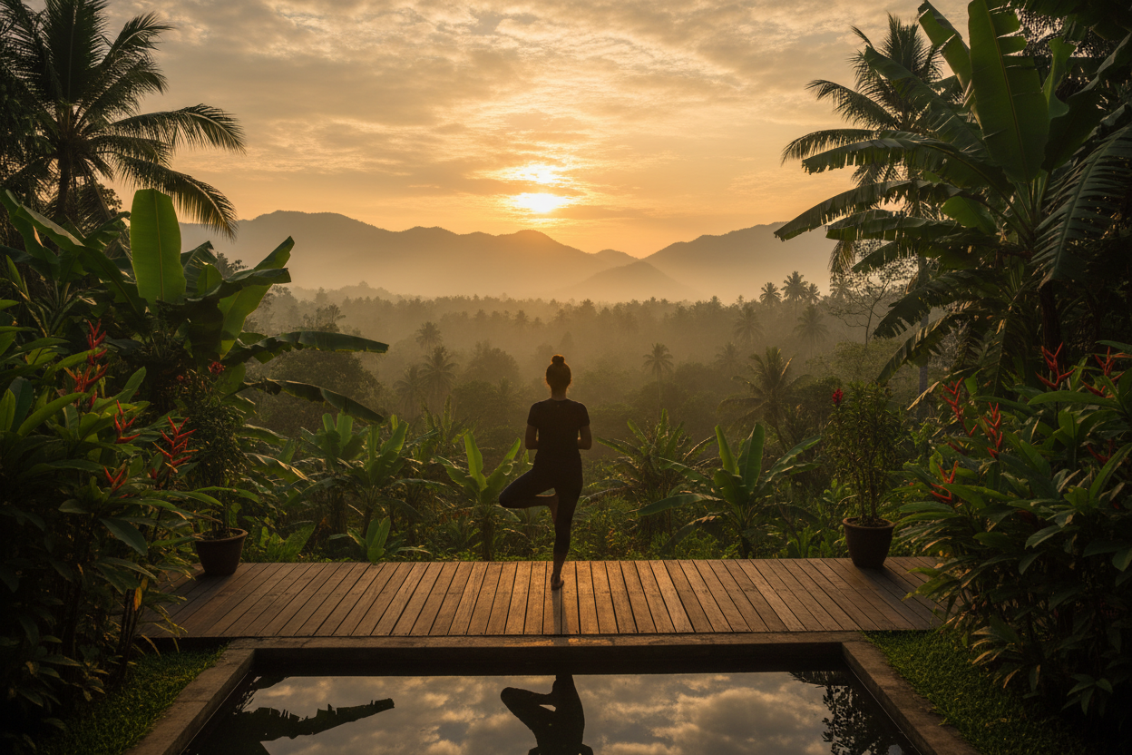 Yoga practice overlooking Sri Lankan jungle