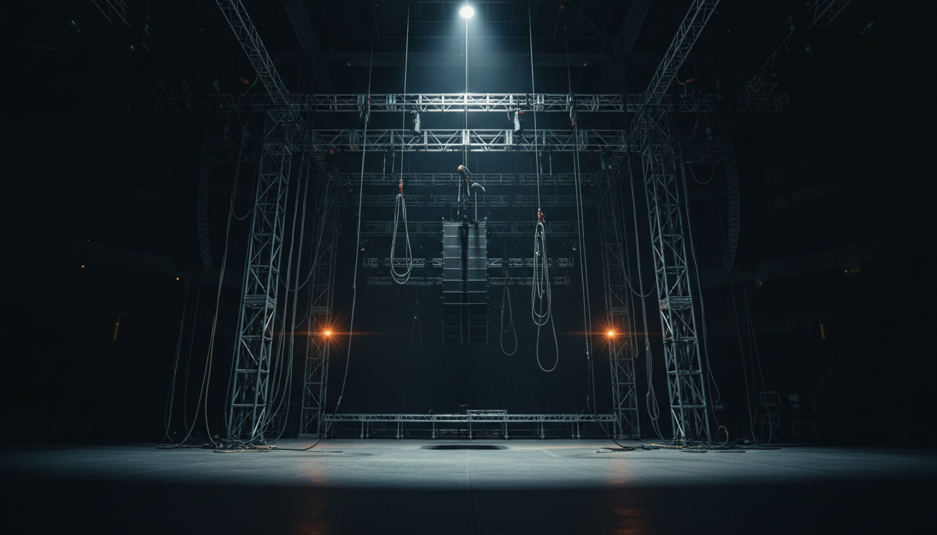 Massive concert stage structure mid-build with dramatic lighting