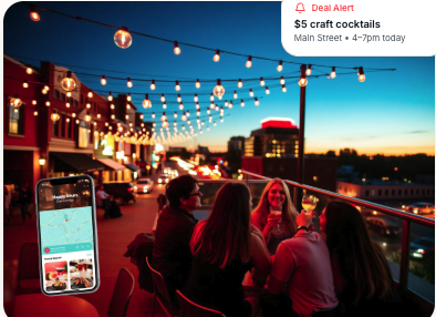 Friends enjoying happy hour on a rooftop with a $5 craft cocktails deal alert