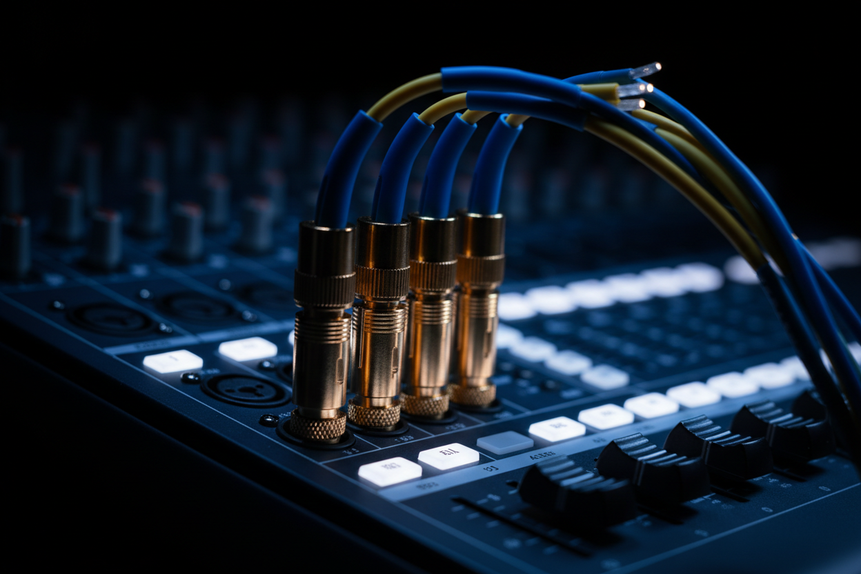 Macro shot of gold-plated XLR audio connectors