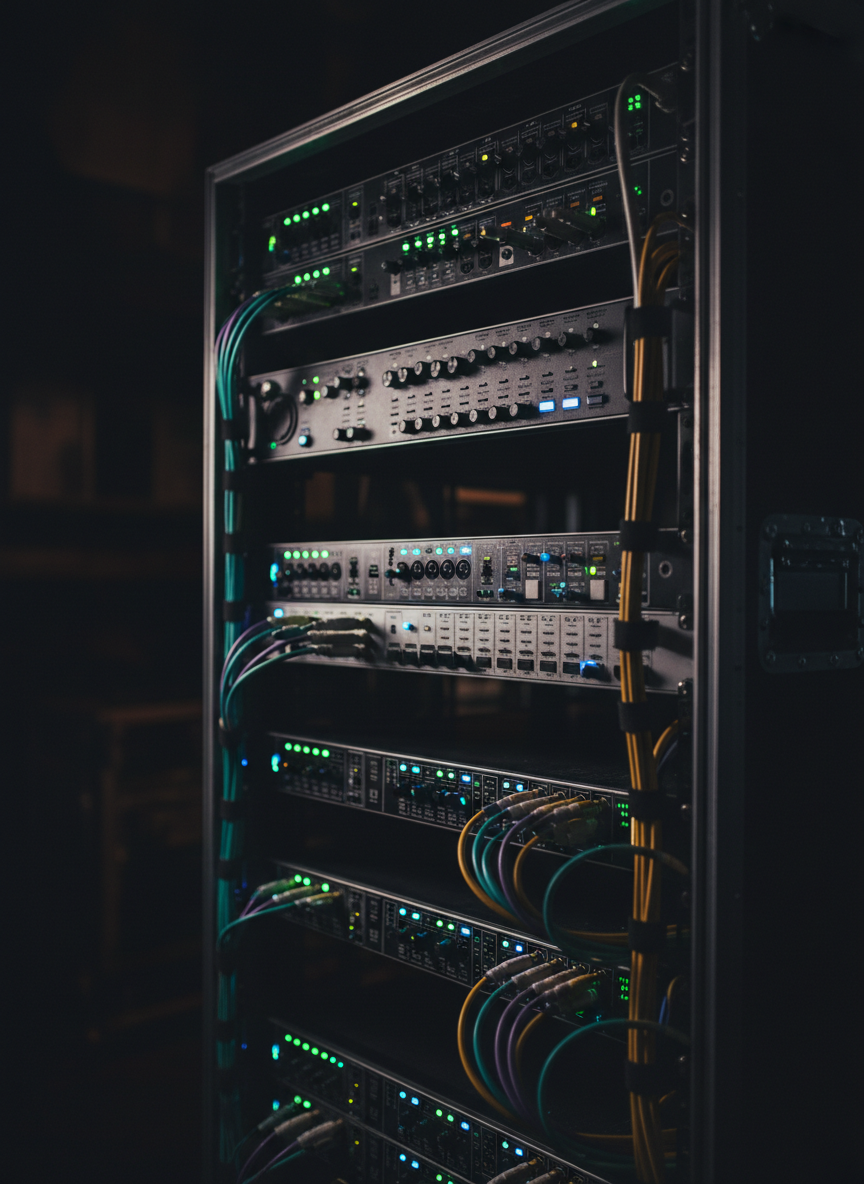 Professional AV equipment rack with glowing status indicators