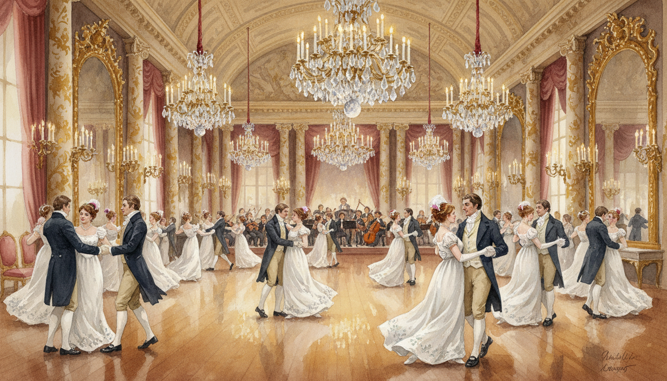 Regency era ballroom with dancing couples