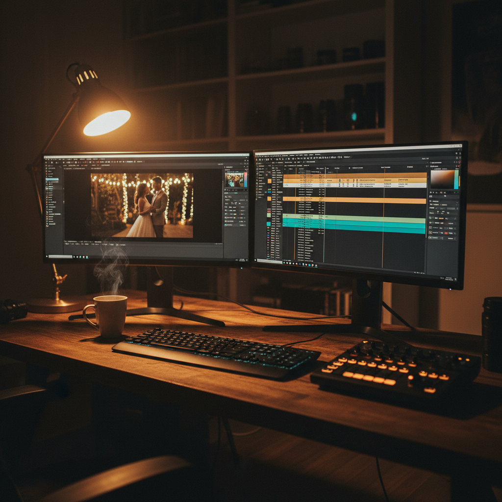 Wedding videographer editing setup at night