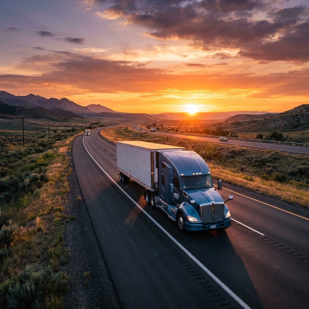 Semi-truck driving on an American highway at sunset